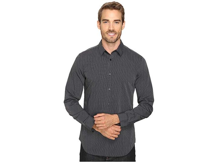 Calvin Klein Slim Fit Long Sleeve Infinite Cool Button Down Stripe Shirt (black) Men's Long Sleeve Button Up