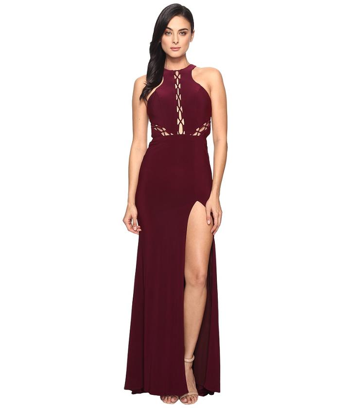 Faviana Lace-up Illusion On Jersey 7909 (bordeaux) Women's Dress