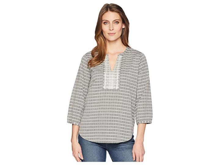 Ivanka Trump Printed Long Sleeve Blouse With V-neckline And Open Hem (black/ivory) Women's Clothing