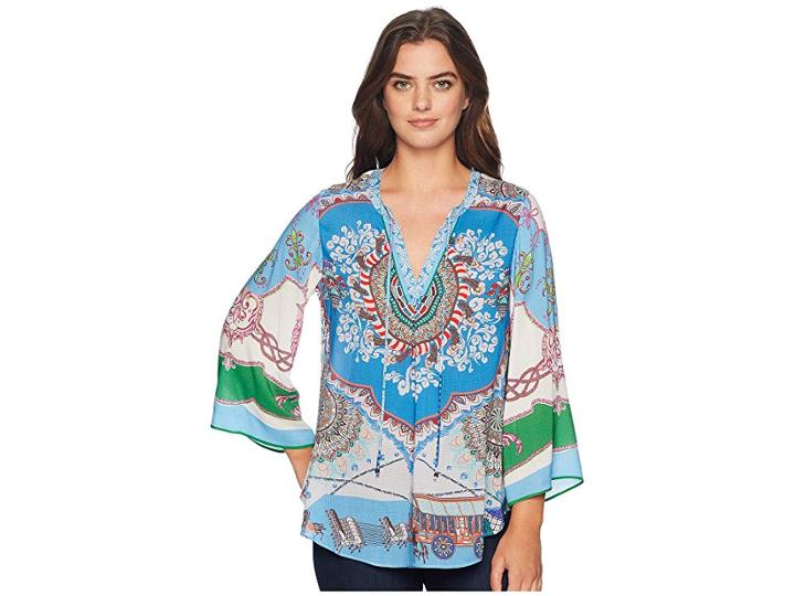Hale Bob Hold Your Horses Lightweight Rayon Woven Dot Top (blue) Women's Clothing