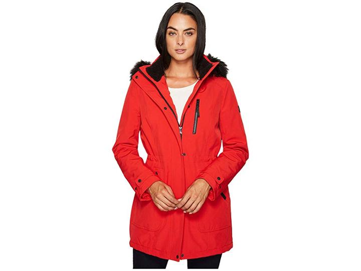 Calvin Klein Softshell With Sherpa Lining And Detachable Fur Trimmed Hood (fire) Women's Coat