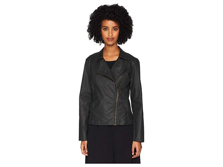 Eileen Fisher Waxed Organic Cotton Stretch Twill Stand Collar Short Zip Jacket (black) Women's Coat
