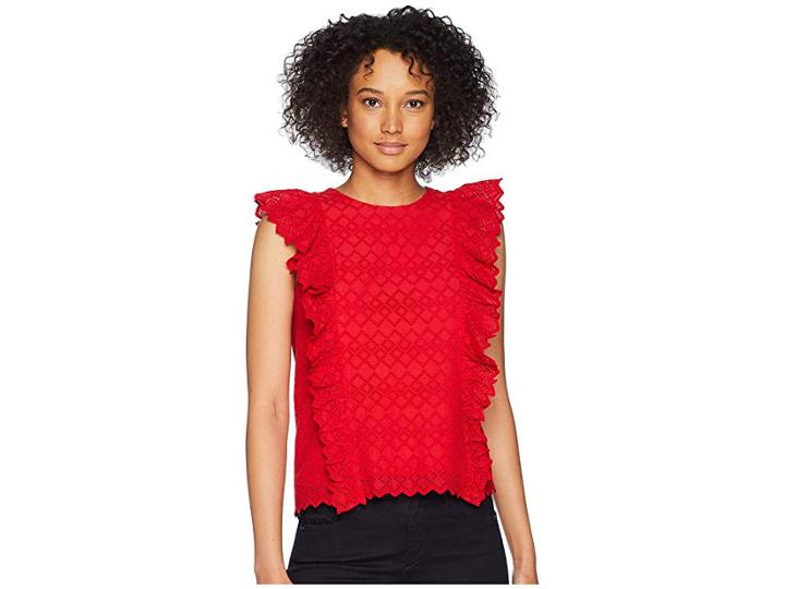 Lauren Ralph Lauren Eyelet Ruffled Cotton Top (lipstick Red) Women's Clothing