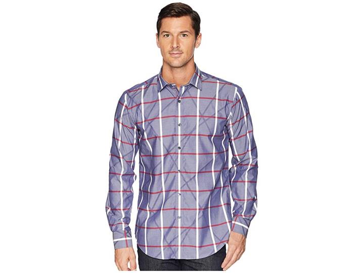 Bugatchi Shaped Fit Plaid Woven Shirt (navy) Men's Clothing