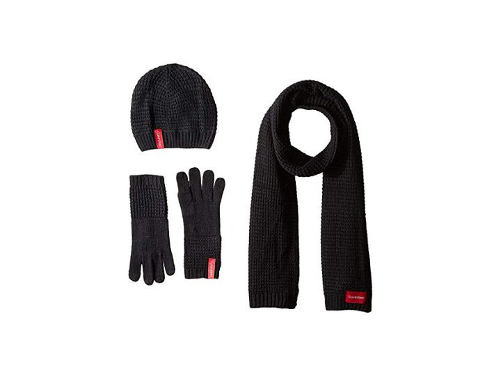 Calvin Klein Three-piece Waffle Knit Set (black) Scarves