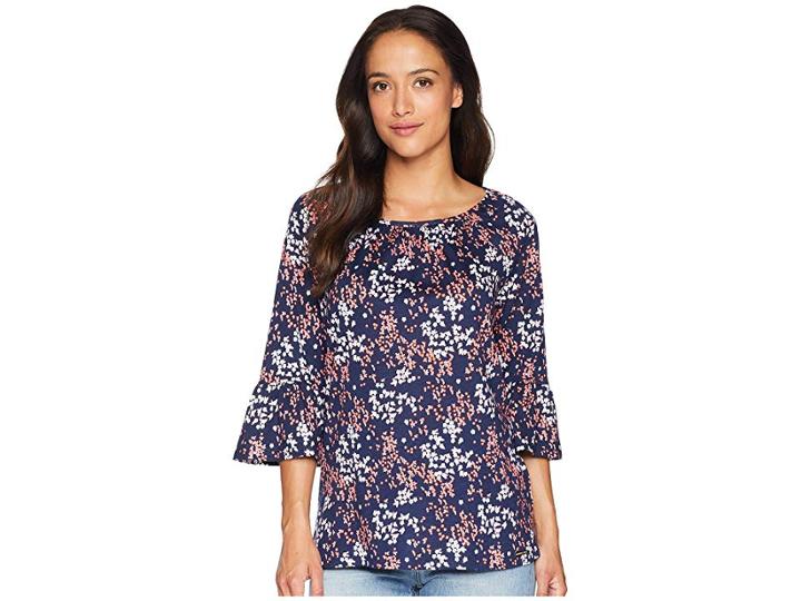 Michael Michael Kors Scatter Blooms Cotton Peasant Top (true Navy/bright Blush) Women's Clothing