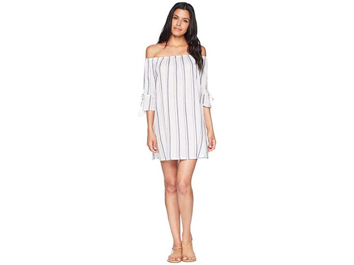 Lucky Brand Stripe Out Off The Shoulder Dress Cover-up (indigo/white) Women's Swimwear