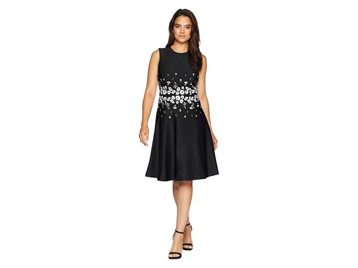 Calvin Klein Embroidered Waist Fit Flare Dress Cd8m14pa (black/cream) Women's Dress