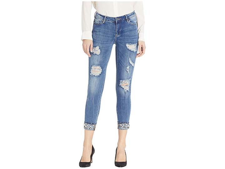 Bebe Minx Roll Up With Rhinestone Frayed Look Jeans In Darling Blue (darling Blue) Women's Jeans