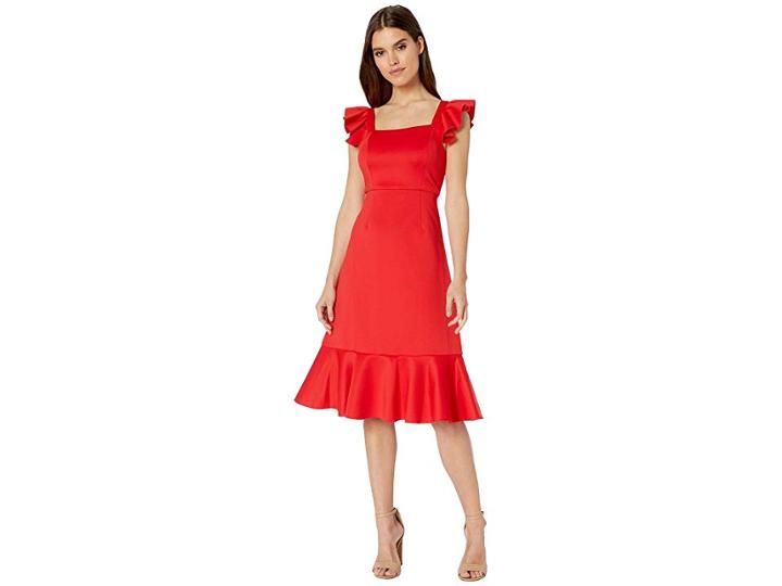 Betsey Johnson Scuba Midi Dress With Ruffled Shoulders (lipstick Red) Women's Dress