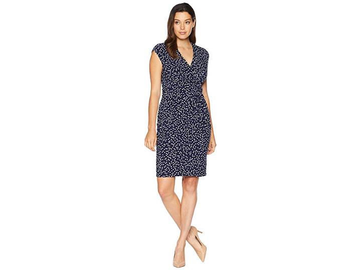 Anne Klein Small Stelar Dot Print Ity Side Twist Dress With Extended Sleeve (marine Blue/anne White) Women's Dress
