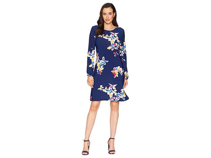 Nine West Ity Printed Long Sleeve Dress (blue Note Multi) Women's Dress
