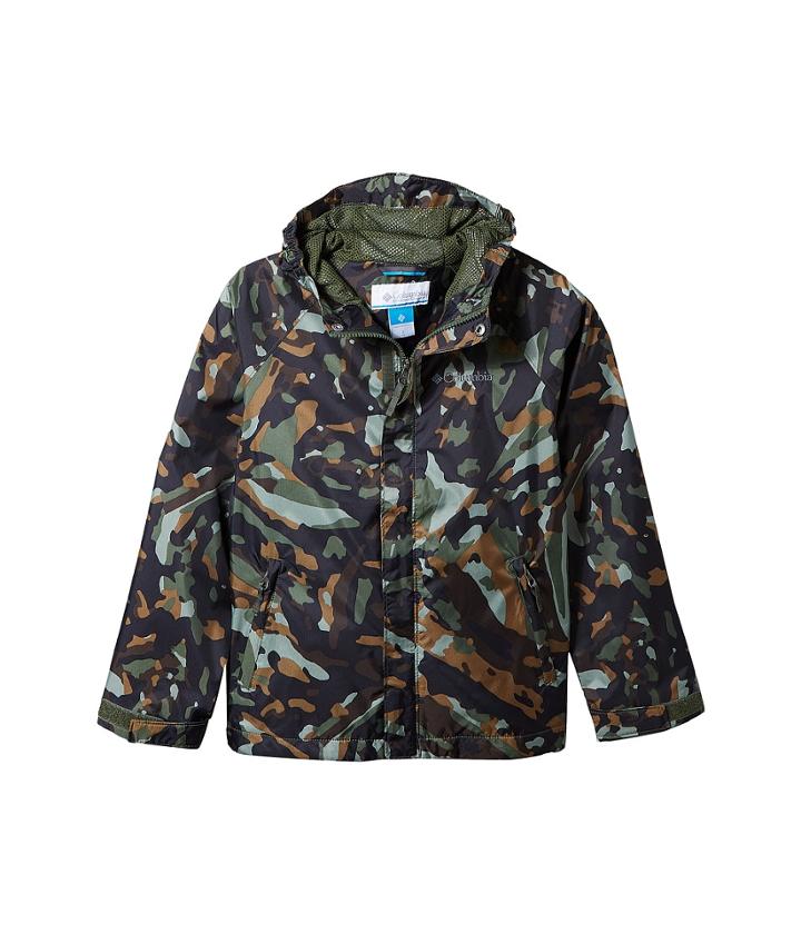 Columbia Kids Fast Curioustm Rain Jacket (little Kids/big Kids) (surplus Green Camo/shark) Boy's Coat