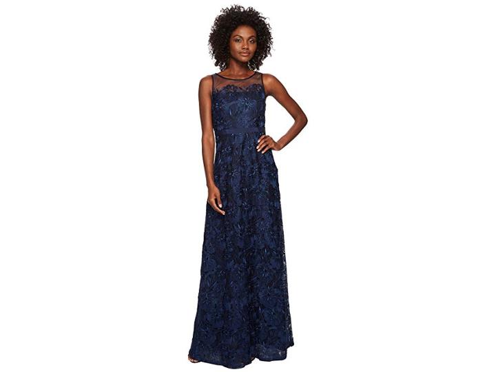 Adrianna Papell Long Metallic Embroidered Gown (midnight) Women's Dress