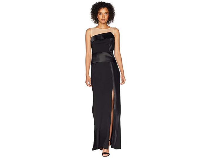Adrianna Papell Long Jersey Gown With Illusion Neckline And Peplum (black) Women's Dress