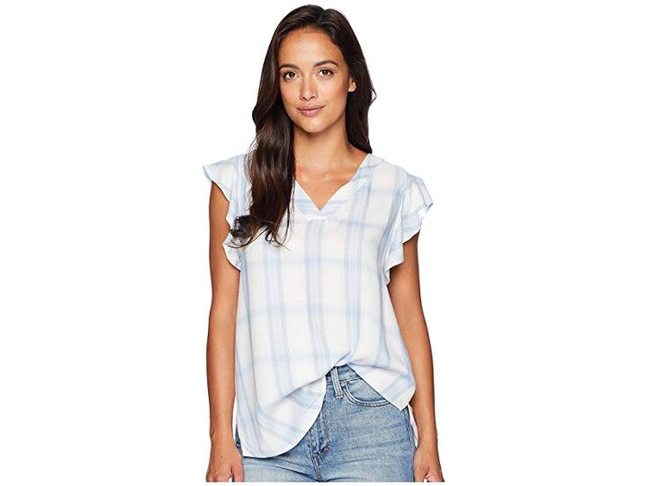 Two By Vince Camuto Cap Sleeve Tartan Twill Plaid V-neck Blouse (hazy Skies) Women's Blouse