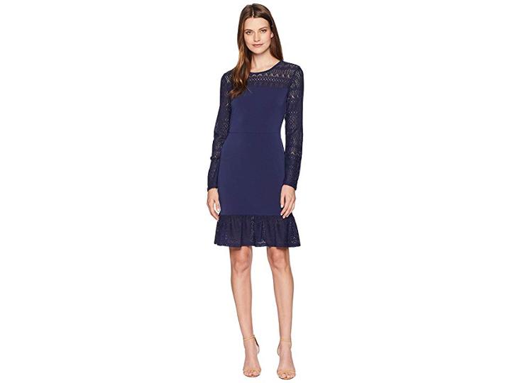 Michael Michael Kors Fabric Mix Long Sleeve Dress (true Navy) Women's Dress