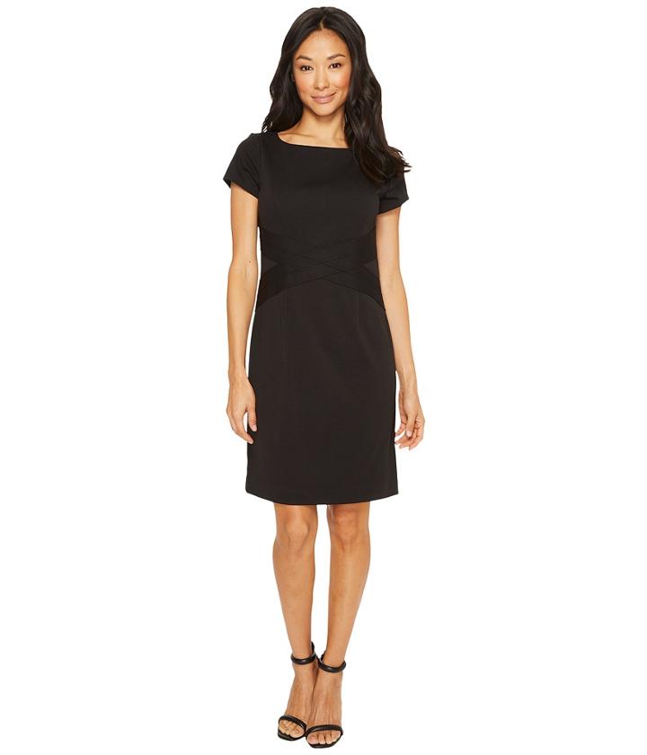 Ellen Tracy Short Sleeved Ponte Dress With Waist Detail (black) Women's Dress