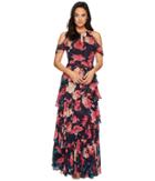 Tahari By Asl Chiffon Keyhole Floral Gown (black/rose/blush) Women's Dress