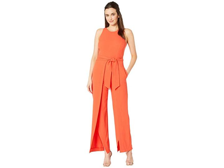 Nine West Textured Crepe Sleeveless Jumpsuit Belted With A Flyaway Pants (papaya) Women's Jumpsuit & Rompers One Piece