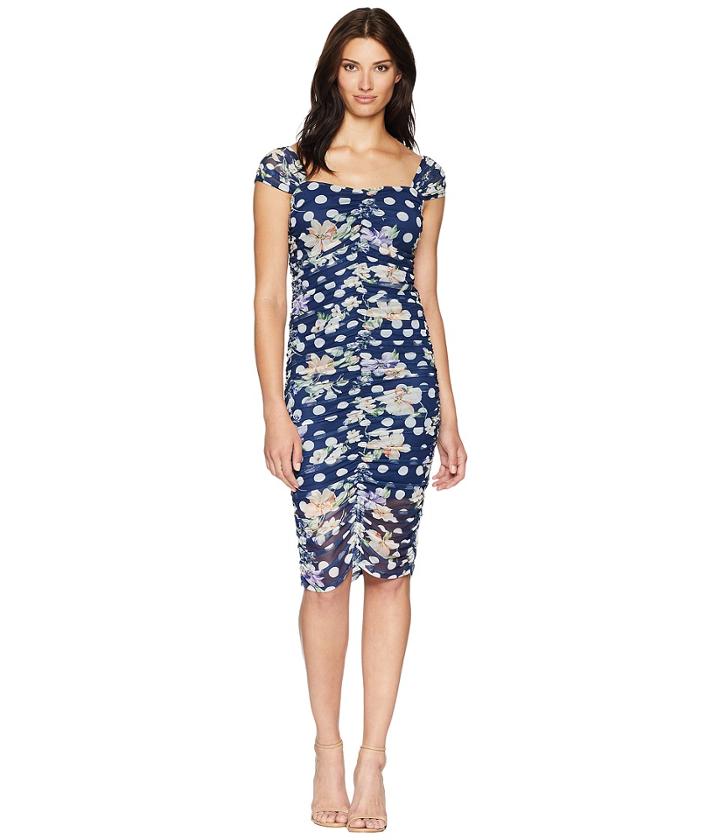 Alexia Admor Ruched Floral Polka Dot Sheath Dress (blue Multi) Women's Dress