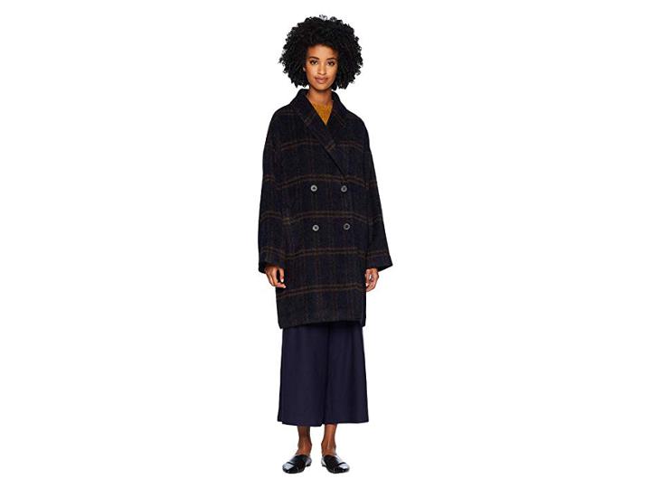 Eileen Fisher Luxe Alpaca Windowpane Double Breasted Oversized Coat (midnight) Women's Coat