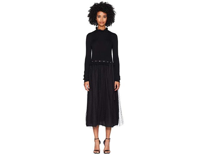 Red Valentino Long Knit Dress W/ Point D'esprit Tulle And Eyelets Detail (black) Women's Dress