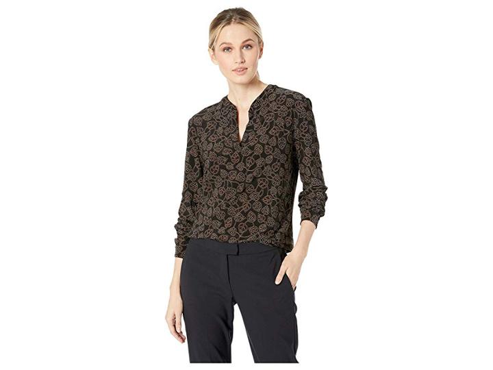 Anne Klein Long Sleeve Split-neck Tunic (anne Black/havana Combo) Women's Blouse