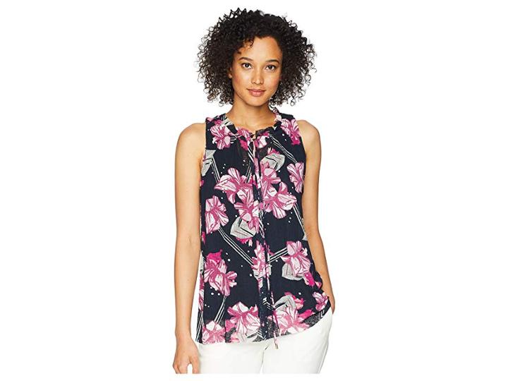Ellen Tracy Shirred Neck Sleeveless Top (balinese Floral/ink) Women's Sleeveless