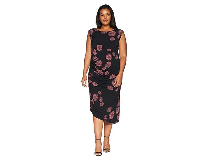 Vince Camuto Specialty Size Plus Size Cap Sleeve Chateau Floral Side Ruched Dress (rich Black) Women's Dress