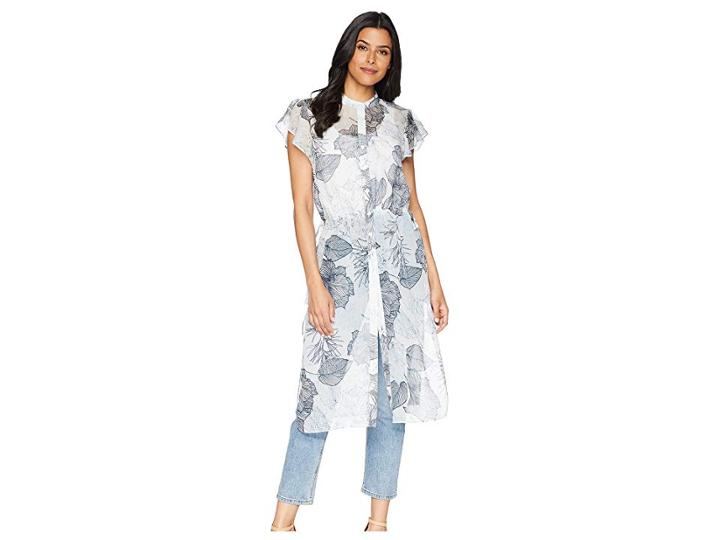Vince Camuto Flutter Sleeve Floral Side Tie Long Tunic (ultra White) Women's Blouse