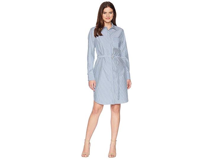 Calvin Klein Striped Long Sleeve Shirtdress Cd8g18gc (blue/white) Women's Dress
