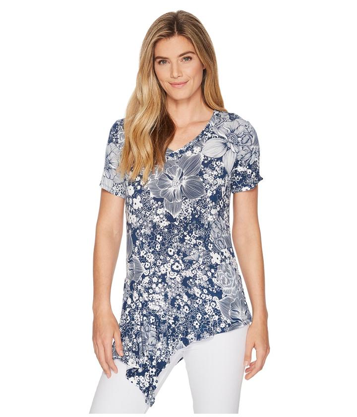 Ivanka Trump Short Sleeve Printed Asymmetrical Knit Tee (navy Multi) Women's T Shirt