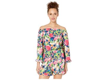Eci Floral Printed Off Shoulder Romper (pink/green) Women's Jumpsuit & Rompers One Piece