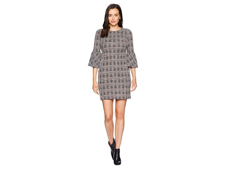 Calvin Klein Printed Ponte Bell Sleeve Cd8pb86l (black Multi) Women's Dress