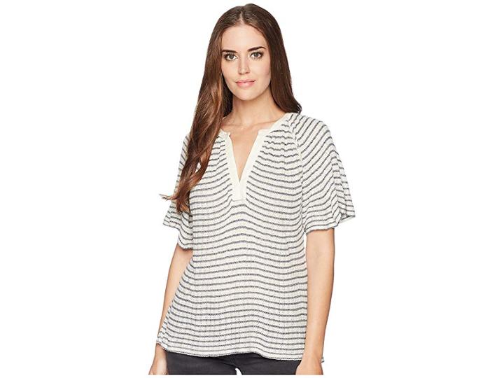 Lucky Brand Stripe Drop Needle Cut Out Top (blue Stripe) Women's Short Sleeve Pullover