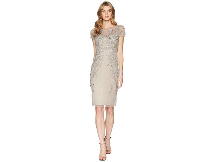 Adrianna Papell Short Sleeve Beaded Cocktail Dress (platinum) Women's Dress