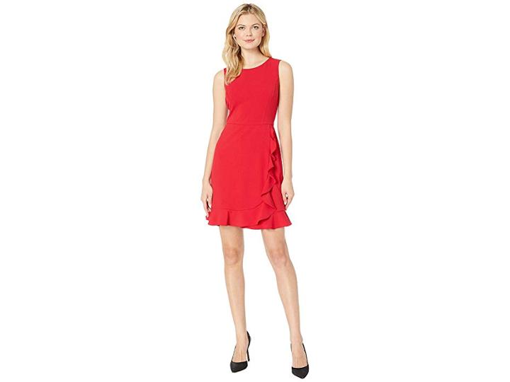 Nine West Sleeveless Jewel Neck Crepe Dress W/ Asymmetrical Skirt Ruffle (crimson) Women's Dress