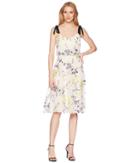 Donna Morgan Embroidered Mesh Blouson Midi With Self Tie Shoulder (yellow/navy Multi) Women's Dress