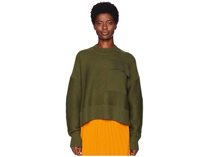 Jil Sander Navy Long Sleeve Wide And Short Round Collar Knit With Front Pocket (dark Green) Women's Clothing