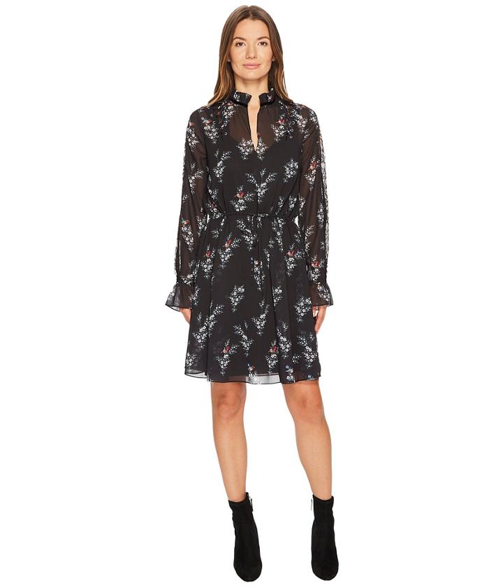 The Kooples Robe A Manches Longues Imprimee Rossignol En Polyester (black) Women's Dress