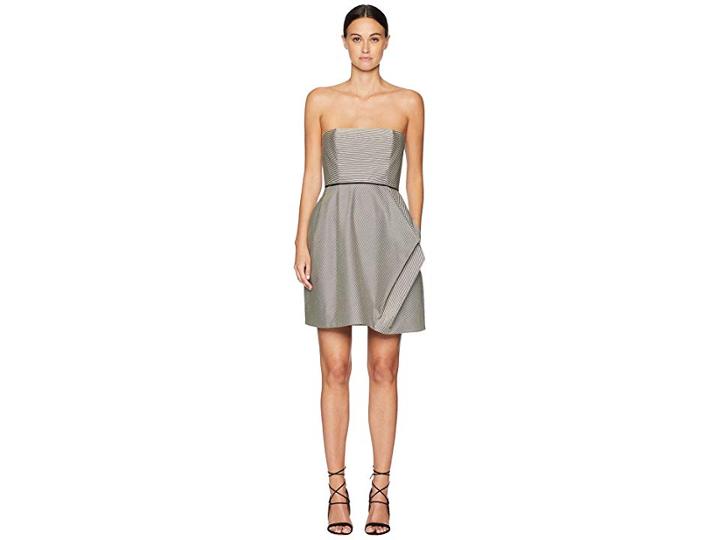 Halston Heritage Striped Strapless Dress W/ Folded Drape (black/chalk Stripe) Women's Dress