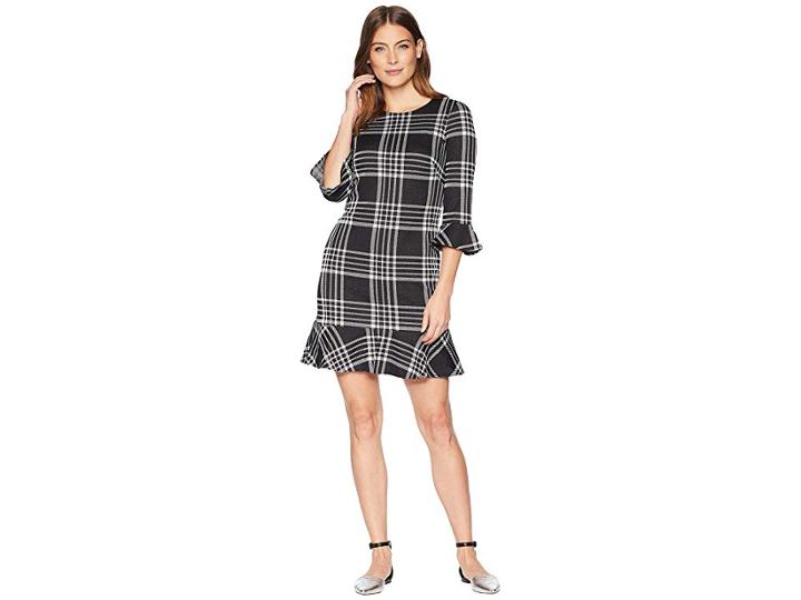 Chaps Plaid 3/4 Sleeve Day Dress (black/white) Women's Dress