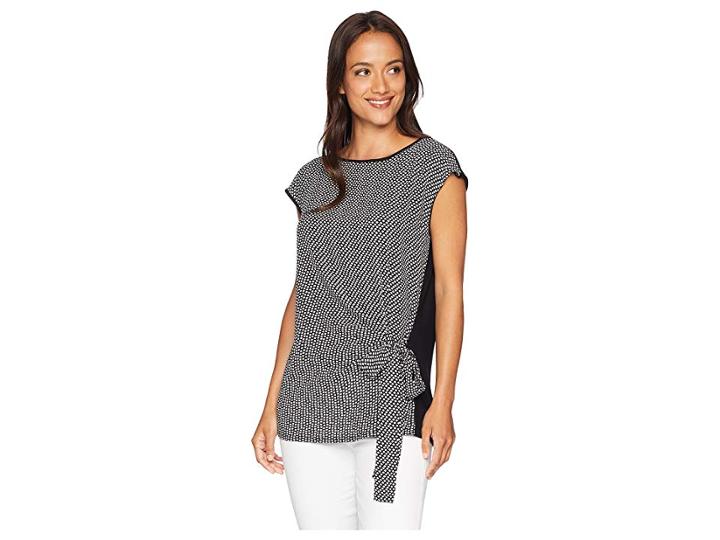 Vince Camuto Short Sleeve Mix Media Cabana Texture Tie Front Blouse (rich Black) Women's Blouse