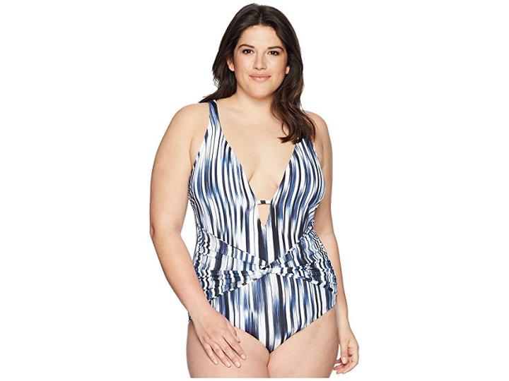Athena Plus Size Blue Horizon Twist Front Plunge Maillot (navy) Women's Swimsuits One Piece
