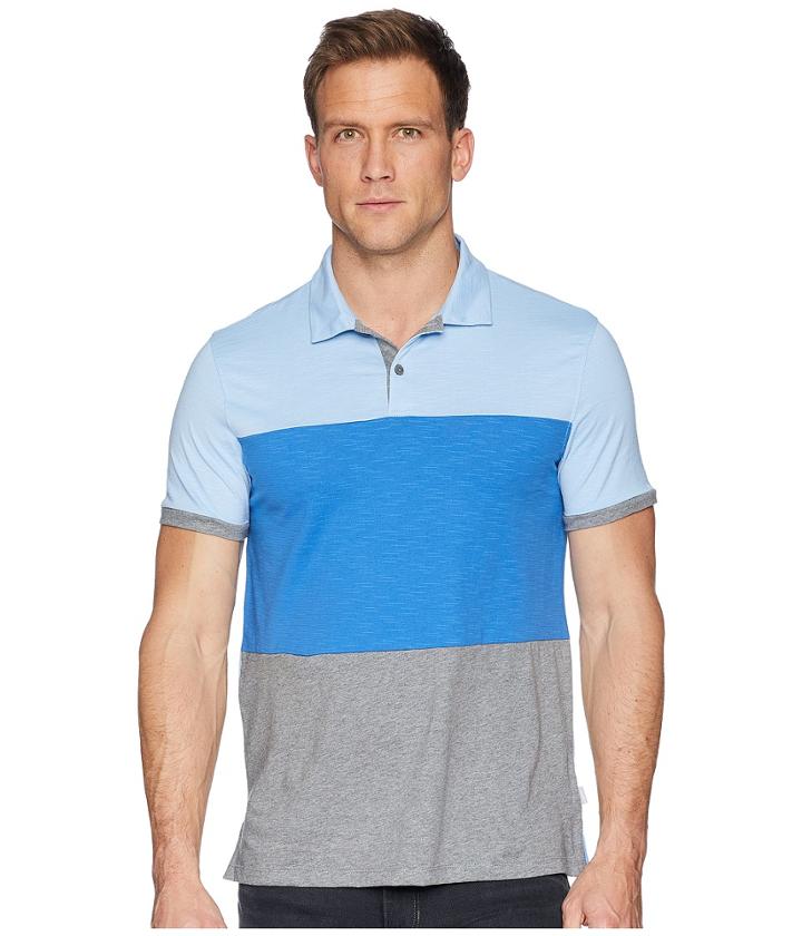 Calvin Klein Short Sleeve Color Blocked Self Collar Polo (clear Sky Combo) Men's Clothing