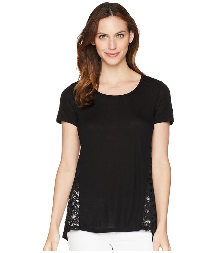 Tribal Knit Jersey Short Sleeve Top With Lace Trim (black) Women's Clothing