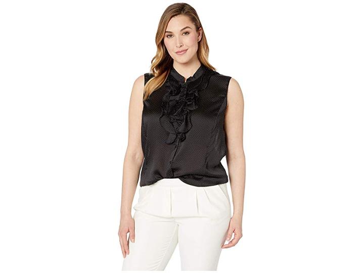 Tahari By Asl Plus Size Sleeveless Polka Dot Double Ruffle Blouse (black/white) Women's Clothing