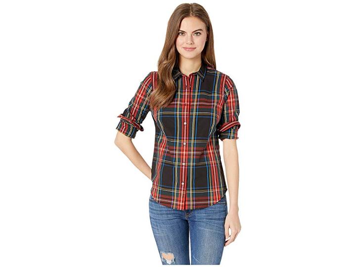 J.crew Curvy Slim Stretch Perfect Shirt In Stew (red/green Multi) Women's Clothing
