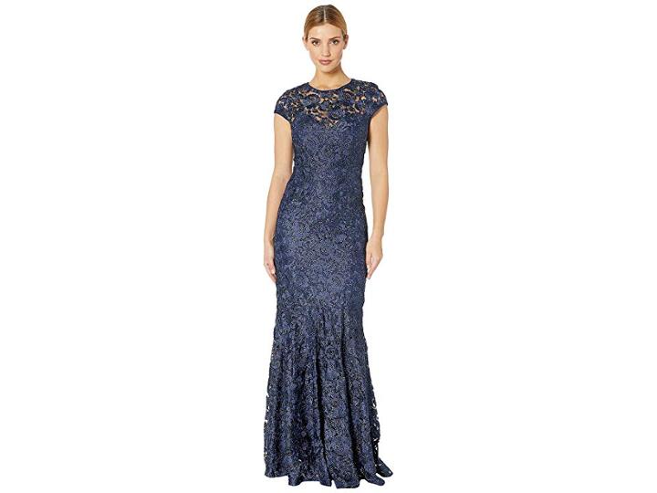 Marina Metallic Lace Cap Sleeve Keyhole Back Gown (navy) Women's Clothing